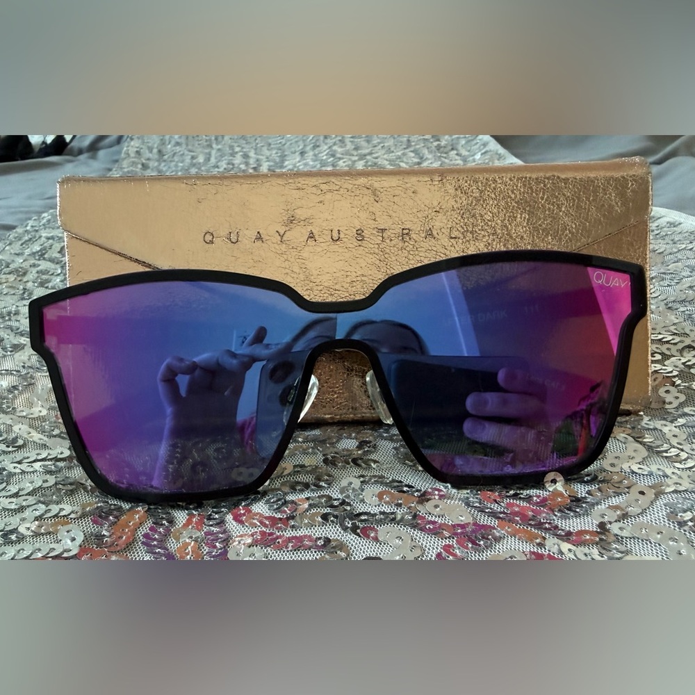 Quay Australia Black Frame Sunglasses with Purple Mirrored Shield Lenses